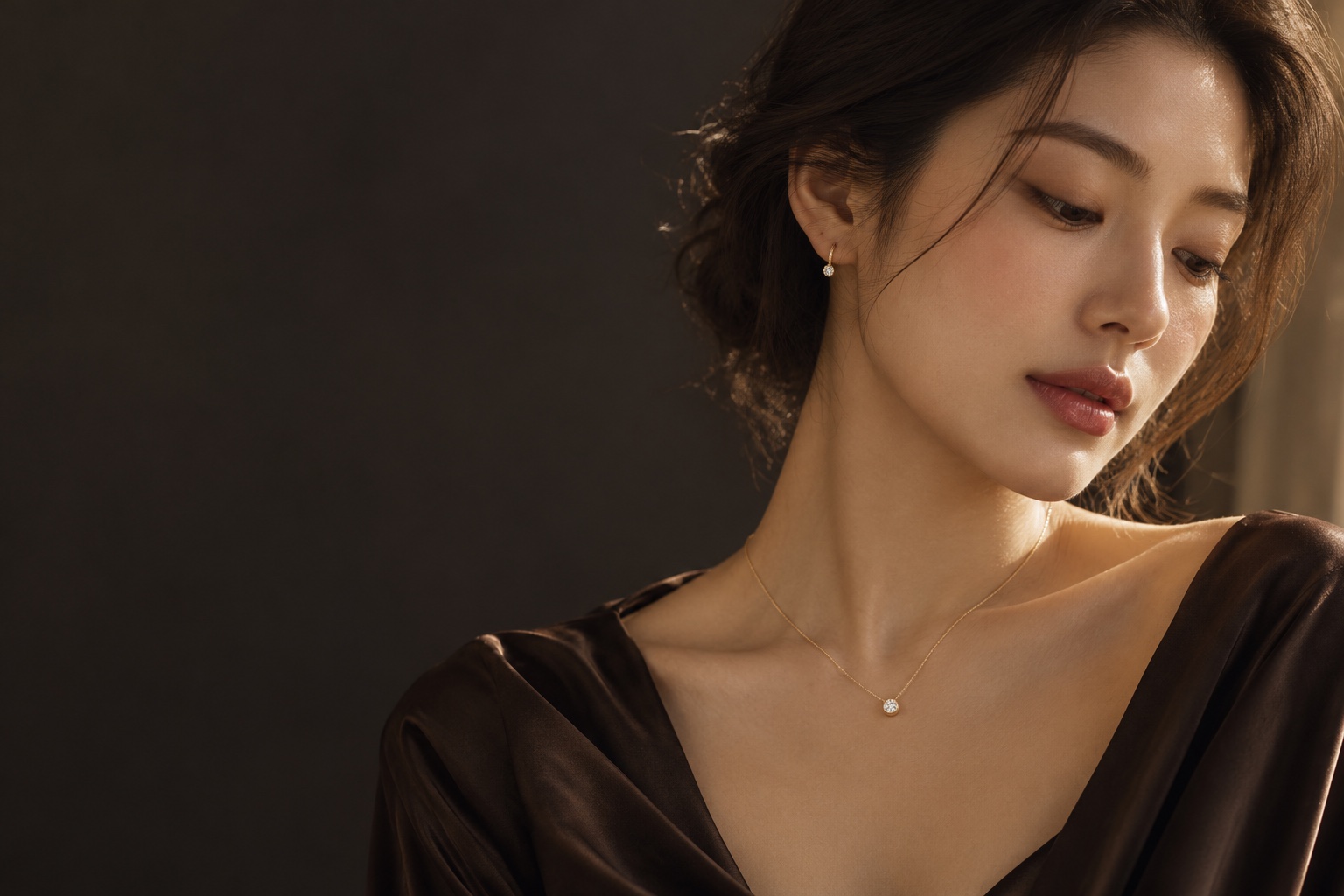 East Asian woman wearing delicate gold jewelry in soft warm light